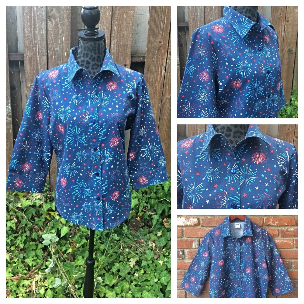 Blair Blue and Red Stars & Fireworks Explosions Long Sleeve Blouse - Size Medium